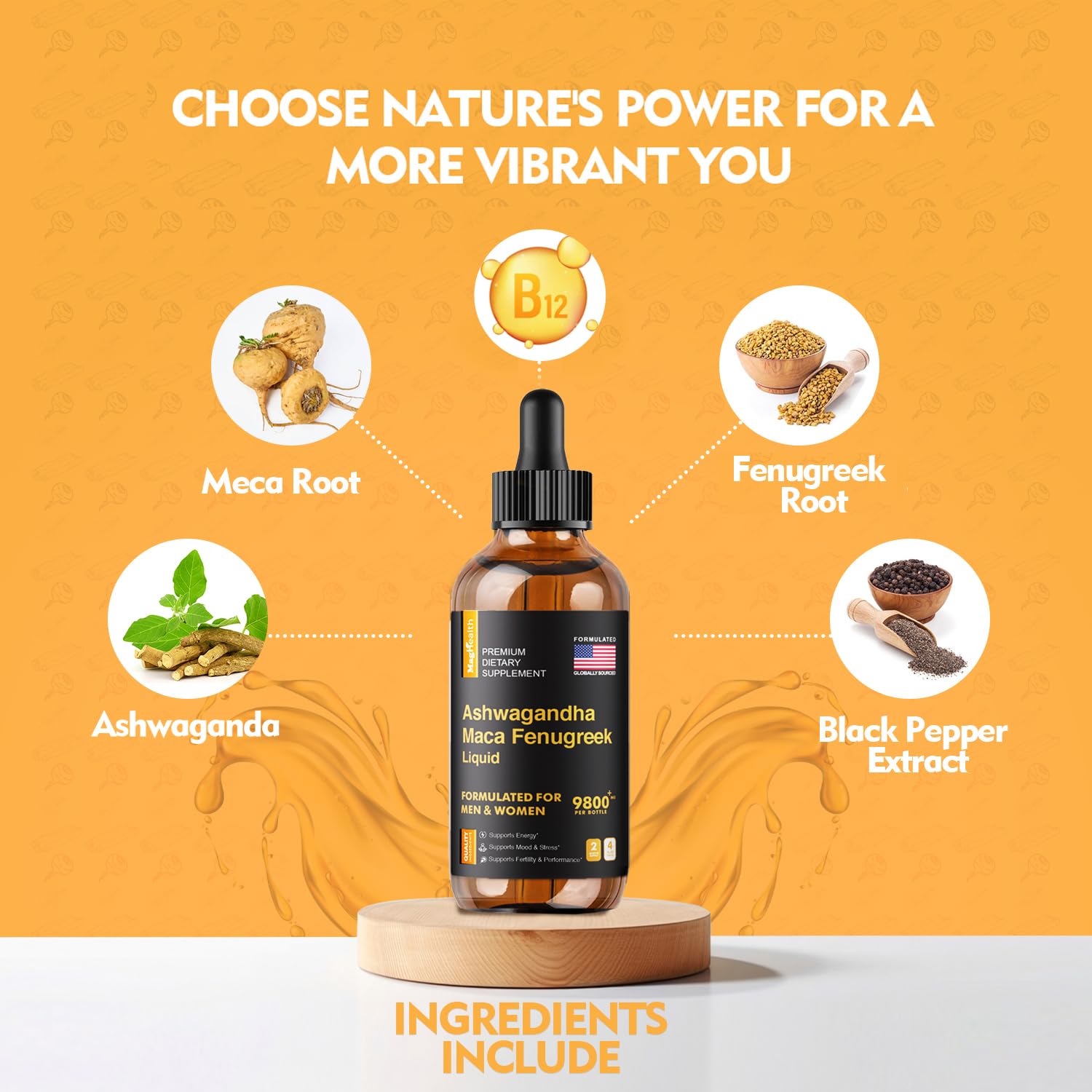 Maca Root Liquid Drops with Ashwagandha and Fenugreek - Focus, Energy and Performance