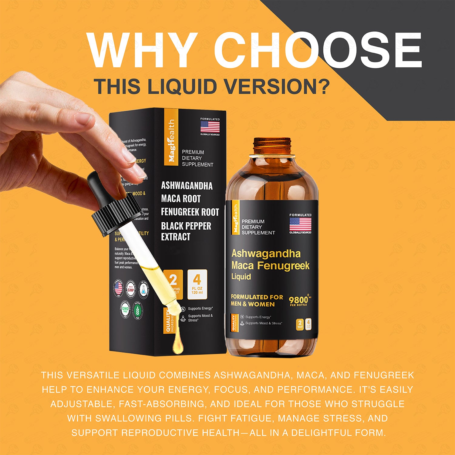 Maca Root Liquid Drops with Ashwagandha and Fenugreek - Focus, Energy and Performance