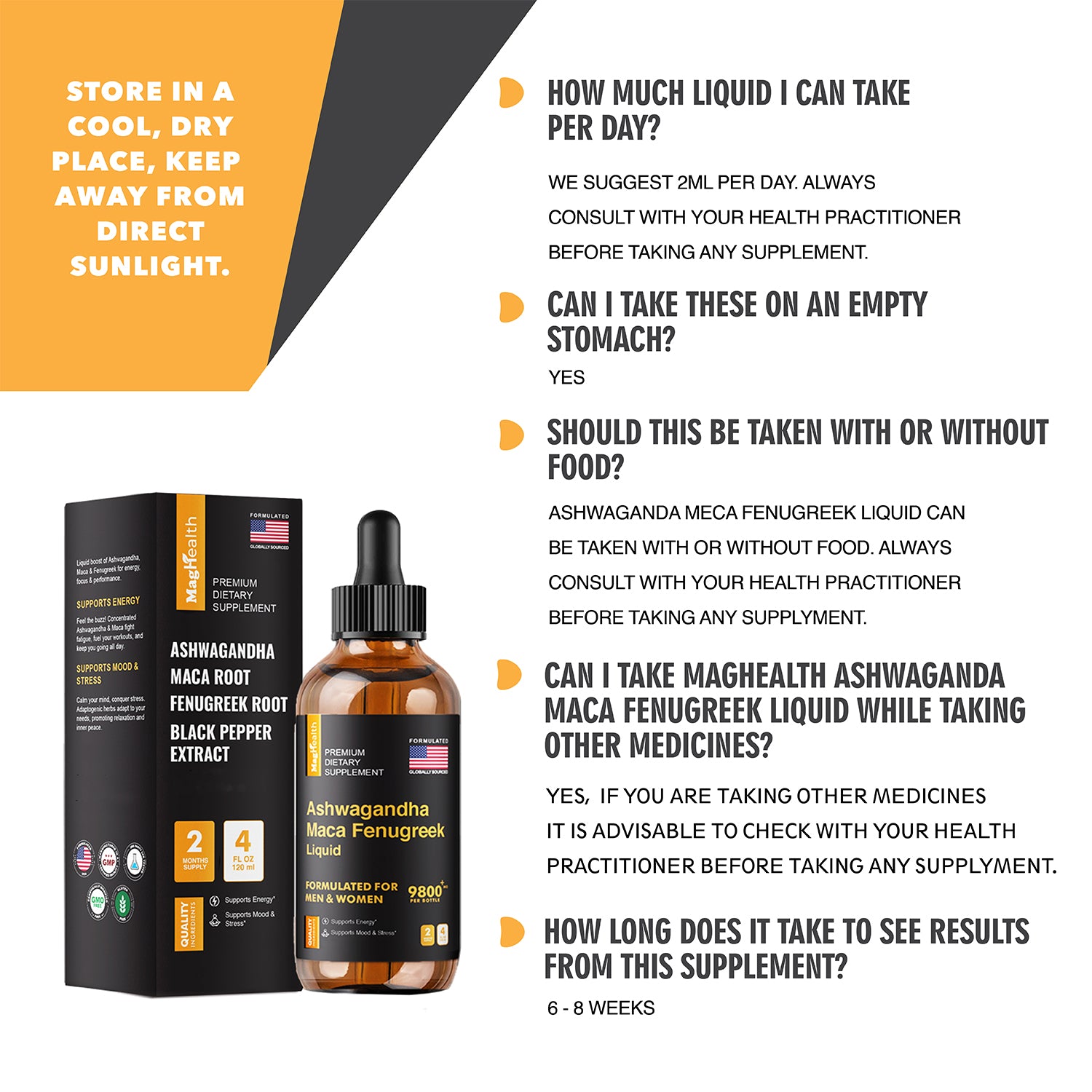 Maca Root Liquid Drops with Ashwagandha and Fenugreek - Focus, Energy and Performance