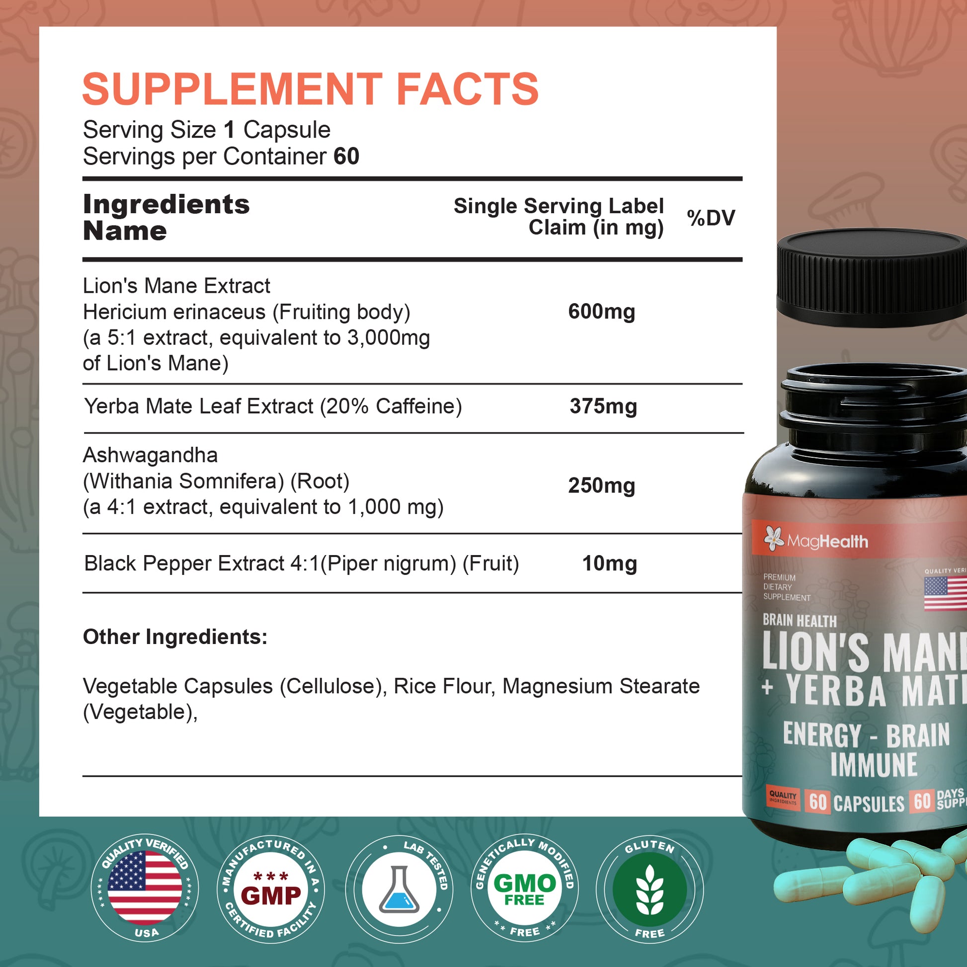 MagHealth Lion's Mane & Yerba Mate Capsules 4-in-1 Nootropic Supplement