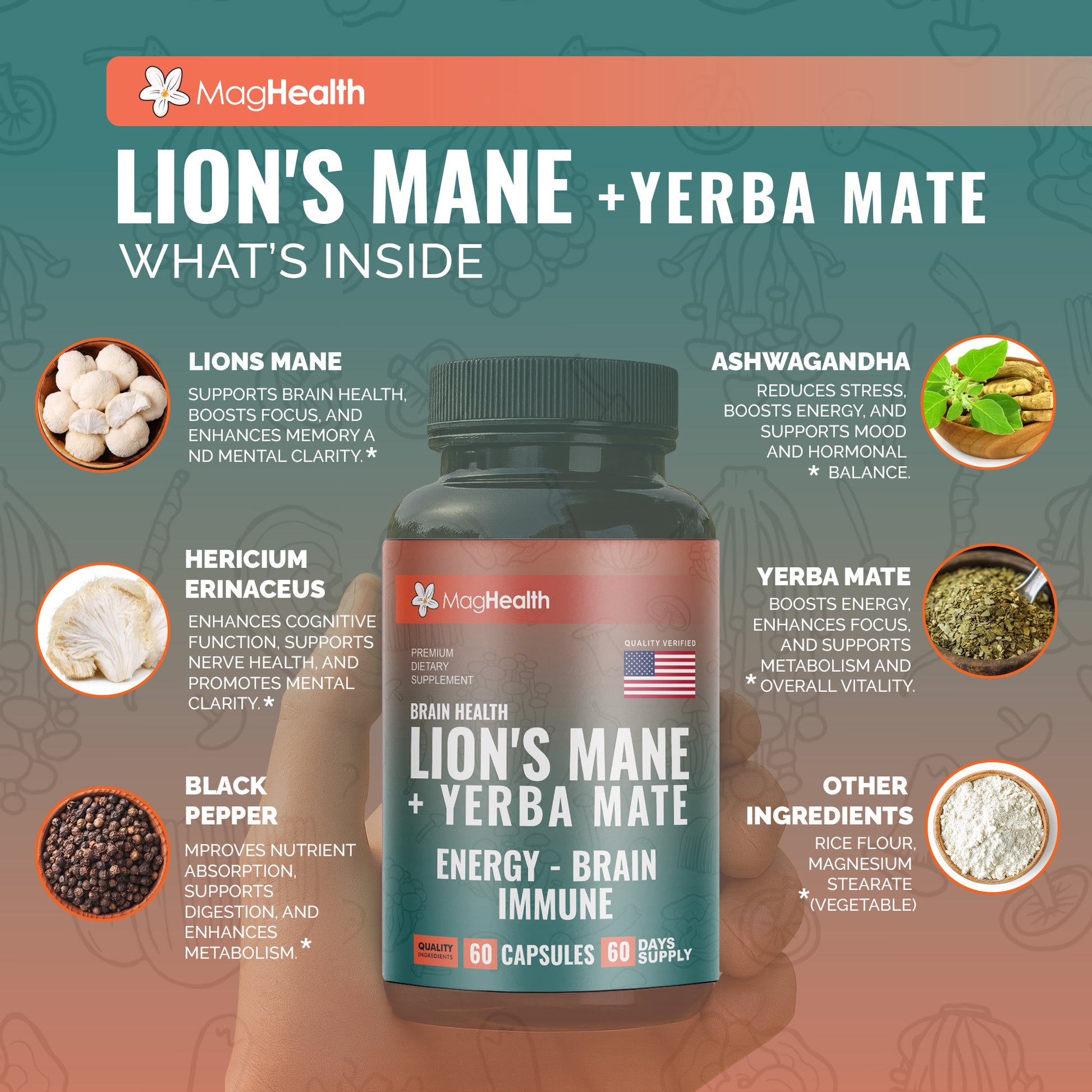 MagHealth Lion's Mane & Yerba Mate Capsules 4-in-1 Nootropic Supplement