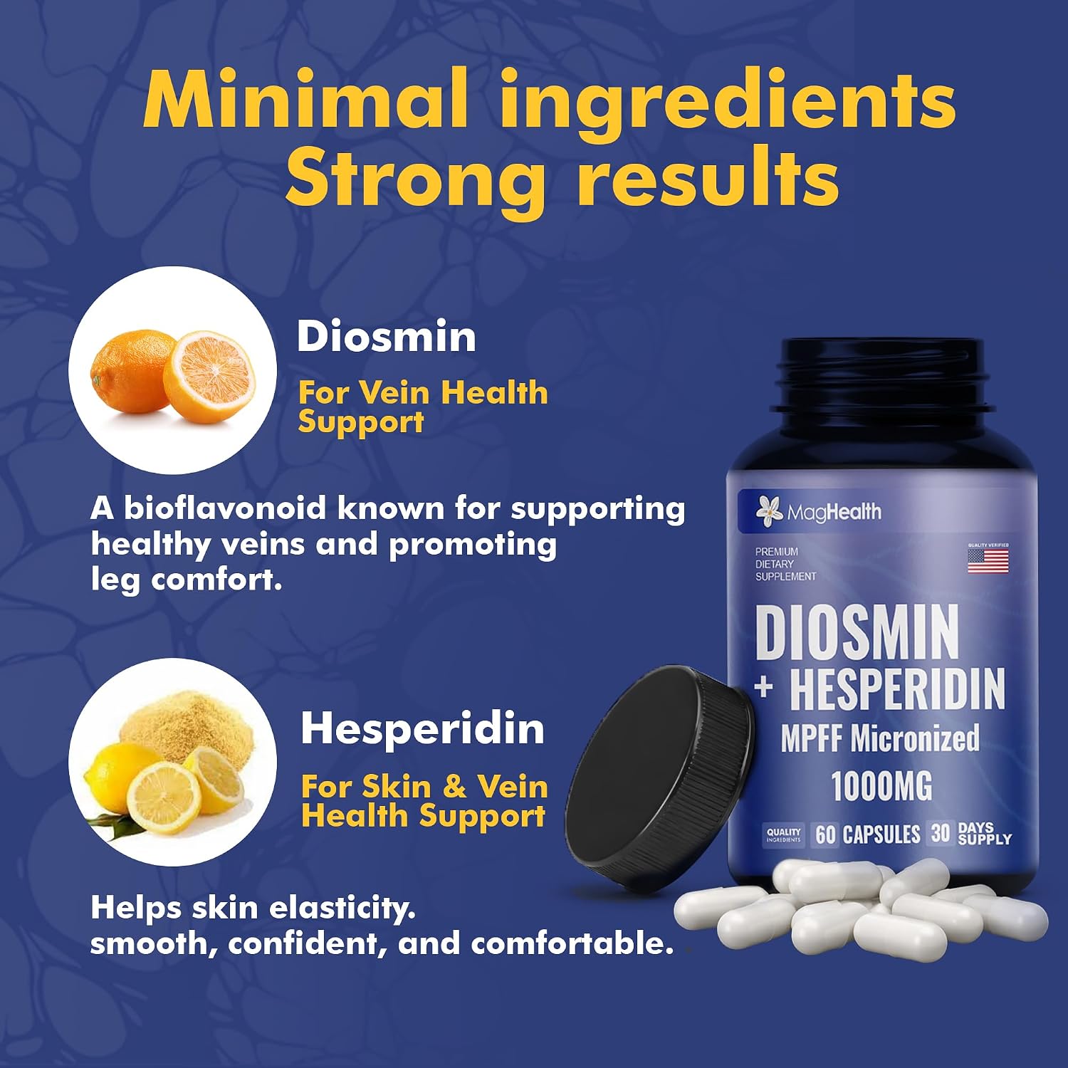 Diosmin Hesperidin 1000mg - MPFF Micronized Formula, 900mg Diosmin + 100mg Hesperidin per Serving | Vein Support, Leg Circulation & Blood Flow Supplement | 60 Capsules, Non-GMO, Gluten Free