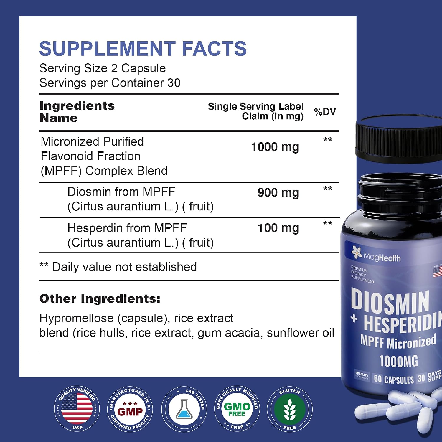 Diosmin Hesperidin 1000mg - MPFF Micronized Formula, 900mg Diosmin + 100mg Hesperidin per Serving | Vein Support, Leg Circulation & Blood Flow Supplement | 60 Capsules, Non-GMO, Gluten Free